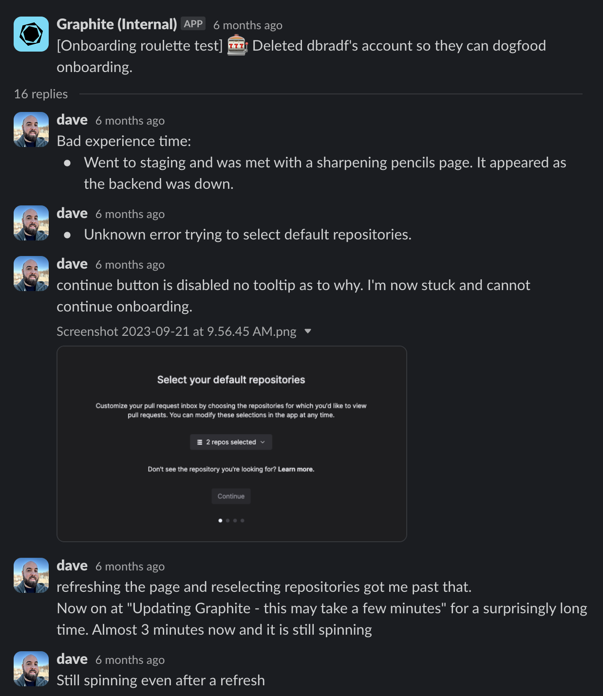 Slack bug report from onboarding test